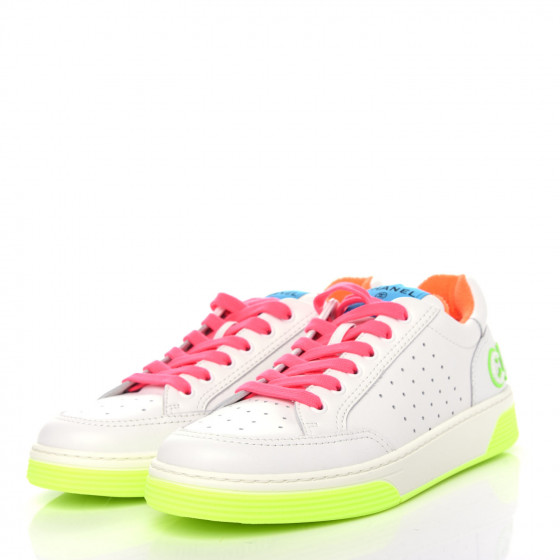 CHANEL Calfskin Womens Logo Sneakers 40.5 White Multicolor