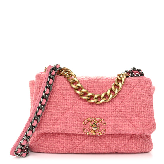 CHANEL Metallic Tweed Quilted Large Chanel 19 Flap Pink