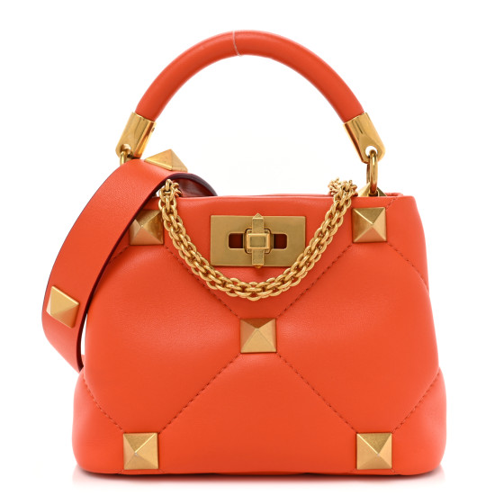 VALENTINO GARAVANI Nappa Small Roman Stud The Handle Bag Orange Zest