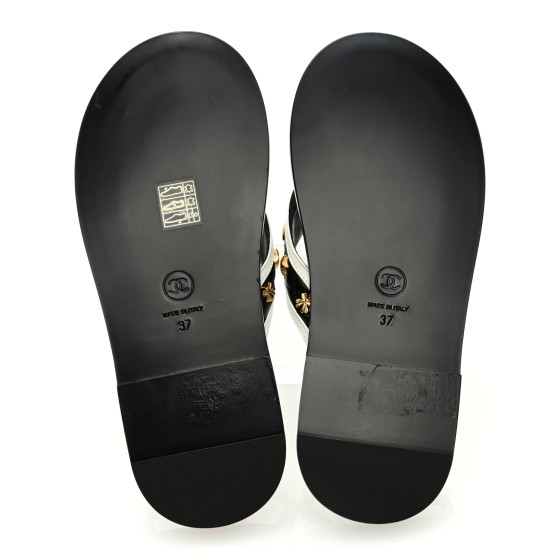 CHANEL Lambskin Charms Thong Sandals 37 Black White 1397901