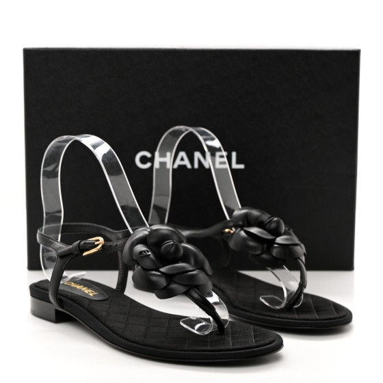 CHANEL Lambskin Camellia Thong Sandals 36 Black 1543160