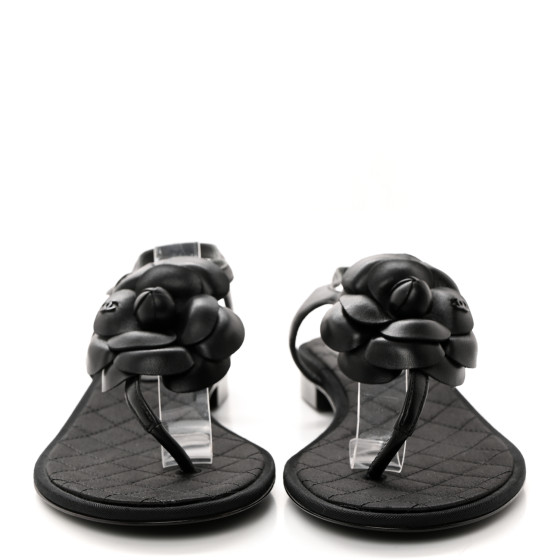 CHANEL Lambskin Camellia Thong Sandals 36 Black 1543160