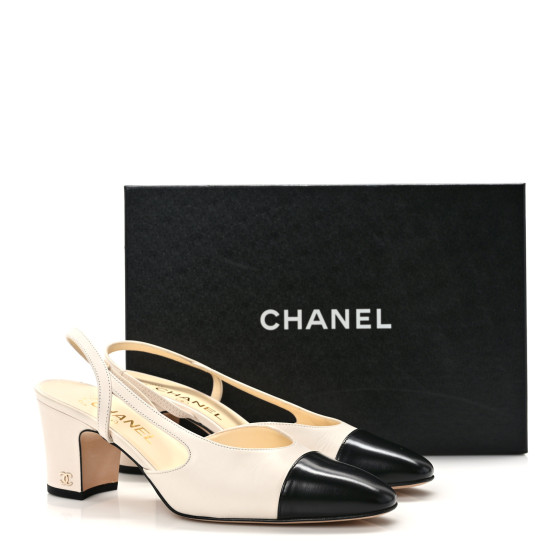 CHANEL Glazed Calfskin Cap Toe CC Slingback Pumps 38 Ivory
