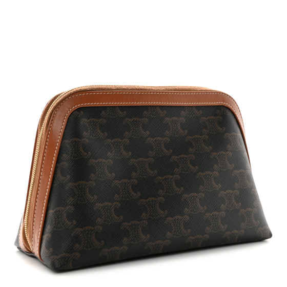 【CELINE】POUCH IN TRIOMPHE CANVAS●10L972DQB04LU CELINE Triomphe Canvas Calfskin Medium Cosmetic Pouch Tan