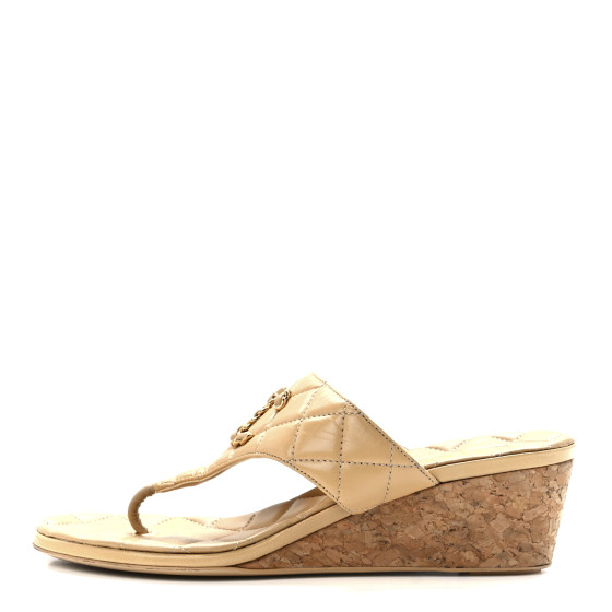CHANEL Shiny Goatskin Cork CC Wedge Sandals 36 Beige 1244928