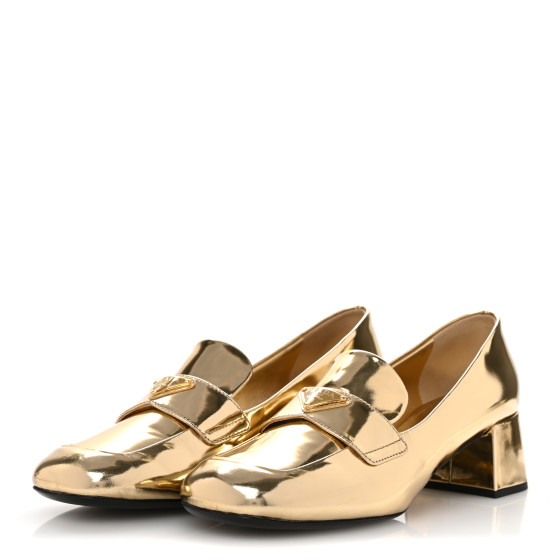 PRADA Metallic Patent Metal Triangle Logo 45mm Loafer Pumps