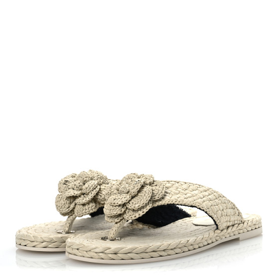 CHANEL Raffia Camellia Flower Thong Sandals 38.5 Ivory