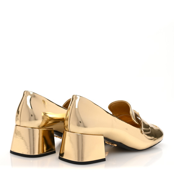 PRADA Metallic Patent Metal Triangle Logo 45mm Loafer Pumps