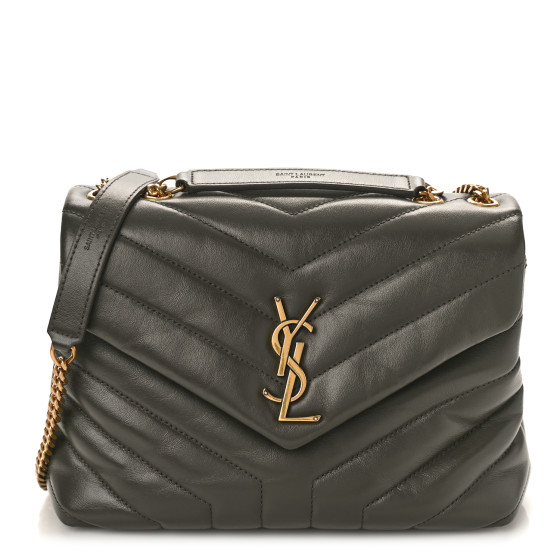 SAINT LAURENT Calfskin Y Quilted Monogram Small Loulou Chain Satchel Grey Khaki