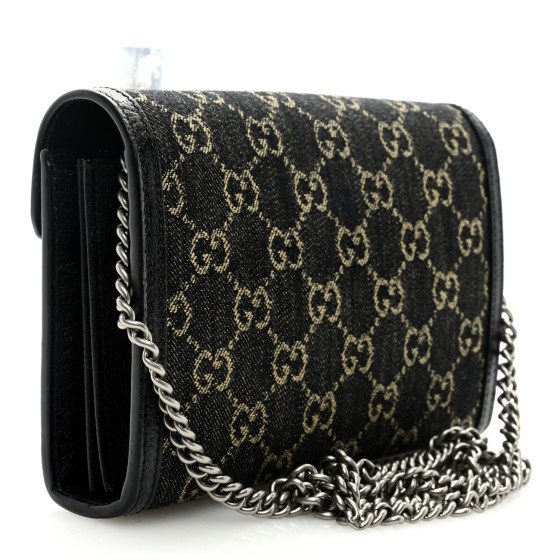 GUCCI Jacquard Black Denim GG Monogram Mini Dionysus Chain Wallet Black Ivory