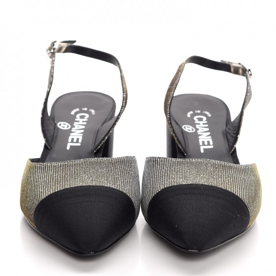 CHANEL Glitter Grosgrain Cap Toe CC Slingback Pumps 37.5