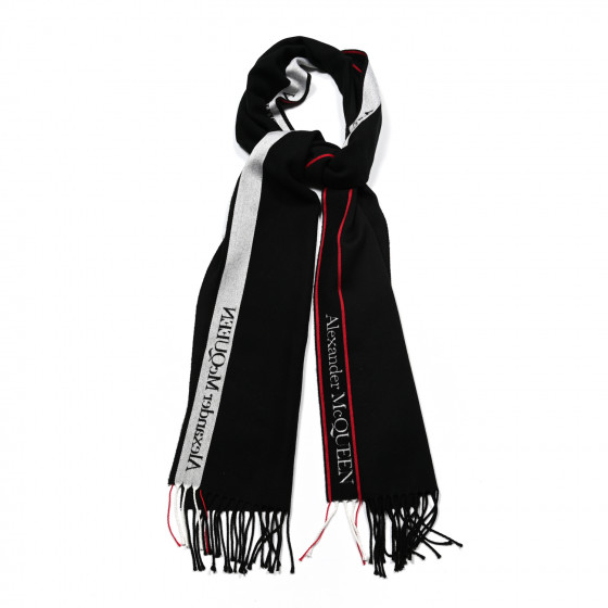 ALEXANDER MCQUEEN Wool Cashmere Logo Scarf Black Red White