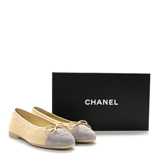 CHANEL Suede Cap Toe CC Ballerina Flats 37 Light Yellow Grey