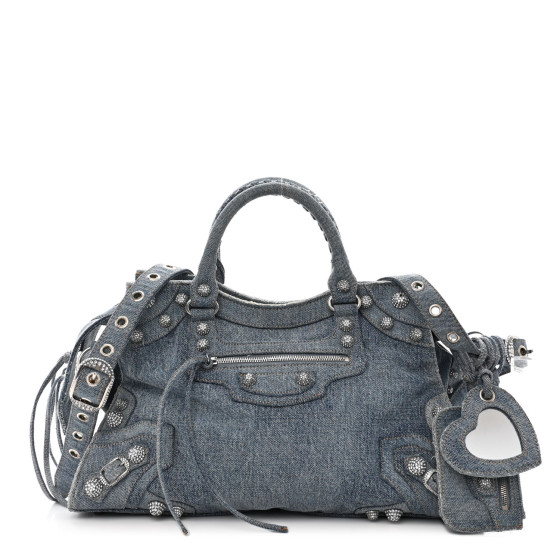 BALENCIAGA Frayed Washed Denim Crystal Crystal Neo Cagole City Blue