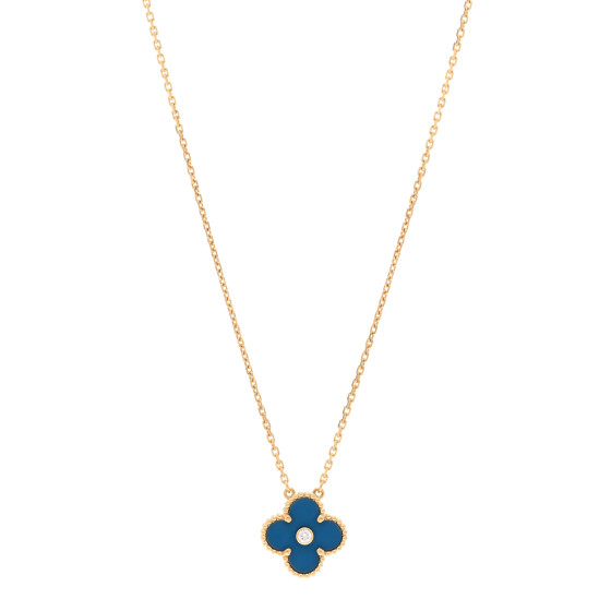 VAN CLEEF & ARPELS 18K Yellow Gold Diamond Celestial Blue Sevres Porcelain Vintage Alhambra Pendant Necklace