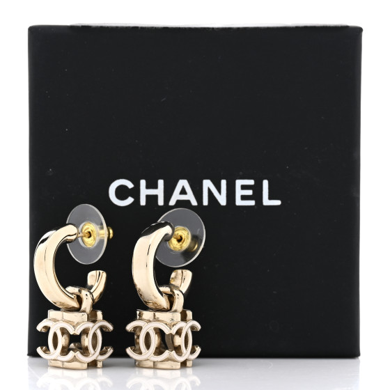 CHANEL Enamel CC Cube Drop Earrings Gold White 1231319
