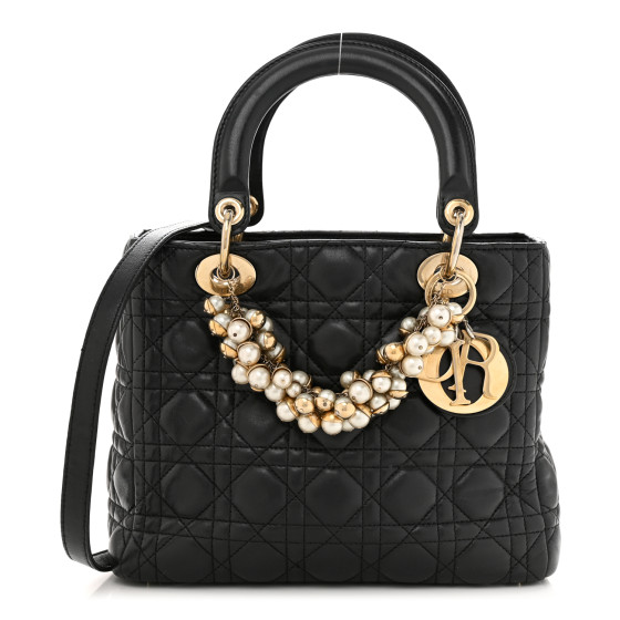 CHRISTIAN DIOR Lambskin Cannage Medium Pearl Lady Dior Black