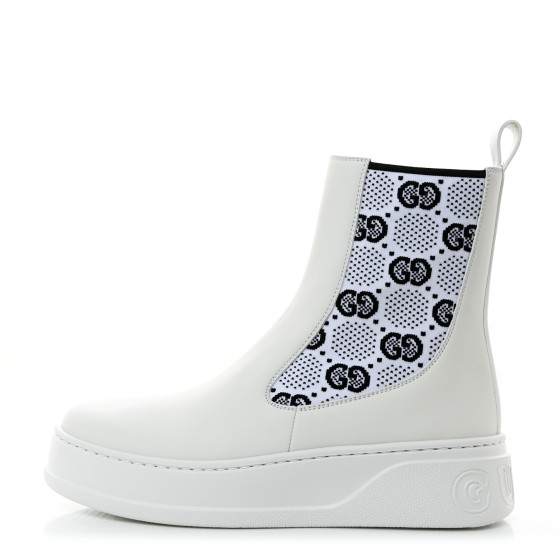 GUCCI Dali Soft Calfskin Technical Jersey Knit GG Monogram Ankle Boots 38 White Great White Black