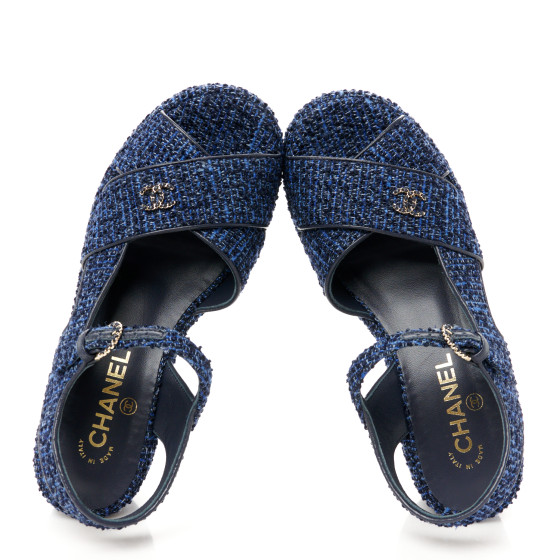 リバー　シャネル CHANEL Silk Linen Tweed Quilted CC Platform Sandals 38.5