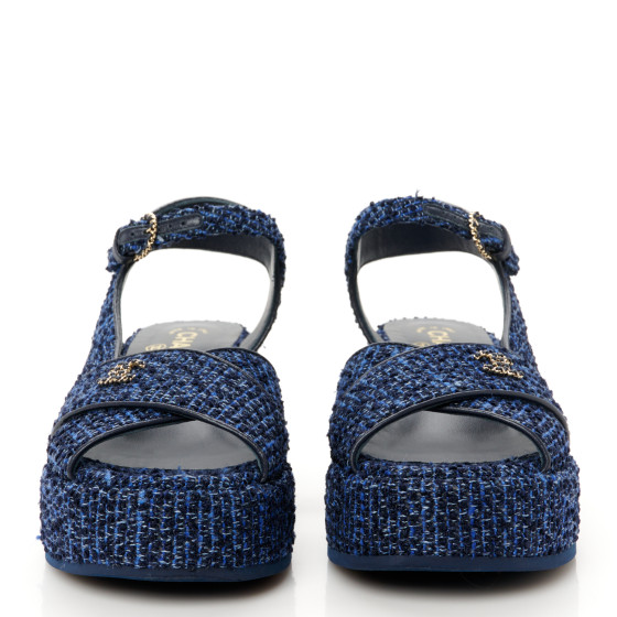 リバー　シャネル CHANEL Silk Linen Tweed Quilted CC Platform Sandals 38.5