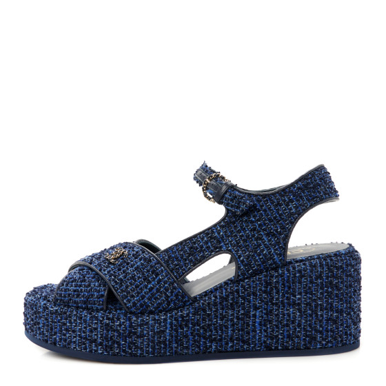 リバー　シャネル CHANEL Silk Linen Tweed Quilted CC Platform Sandals 38.5