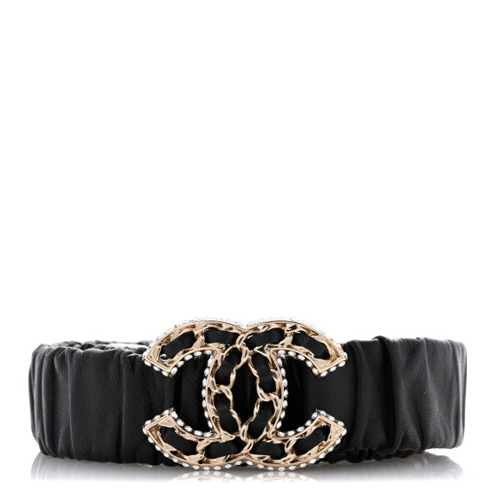CHANEL Lambskin Metal Strass Ruched Chain CC Belt 90 36