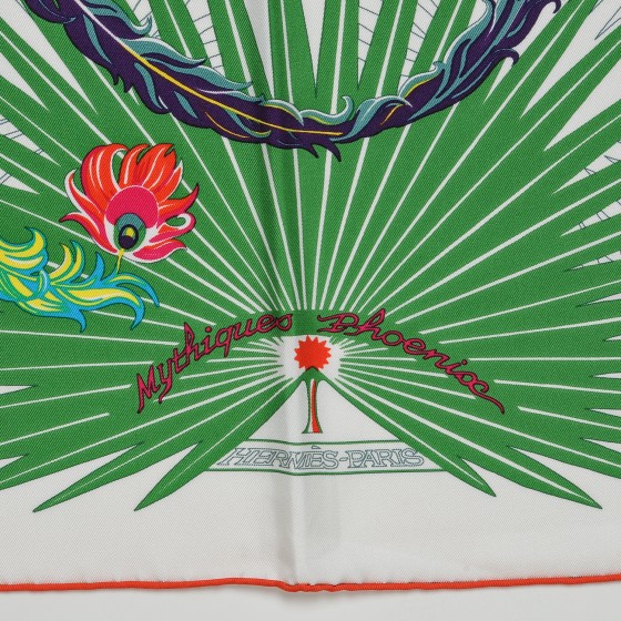 HERMES Silk Mythiques Phoenix Coloriage Scarf 90 Blanc Vert
