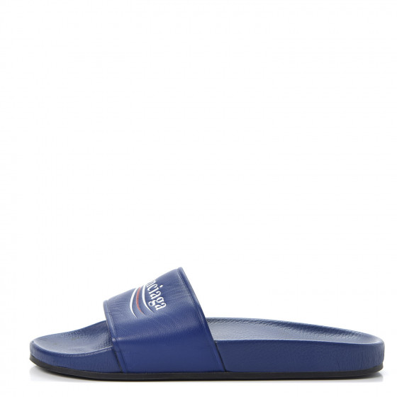 BALENCIAGA Nappa Political Campaign Logo Mens Pool Slide Sandals 41 Blue Ocean Blue White