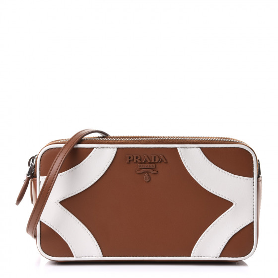 PRADA Soft Calfskin Mini Double Zip Crossbody Bag Cognac