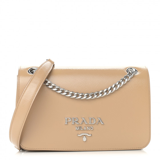 PRADA Saffiano Vernice Flap Chain Crossbody Bag Sabbia