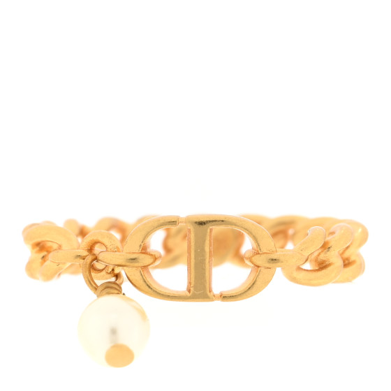 CHRISTIAN DIOR Metal Pearl CD Chain Ring 55 7.25 Gold