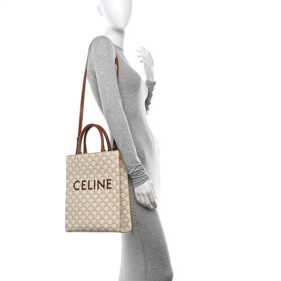 CELINE Triomphe Canvas Calfskin Small Vertical Cabas White