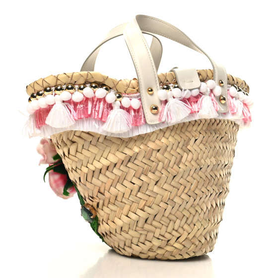 DOLCE GABBANA Woven Raffia Calfskin Rose Embellished Mini