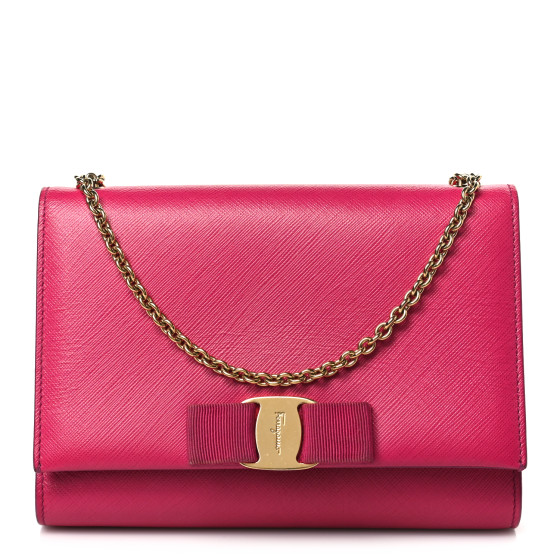 SALVATORE FERRAGAMO Hammered Calfskin Mini Miss Vara Bow Chain Bag Pink