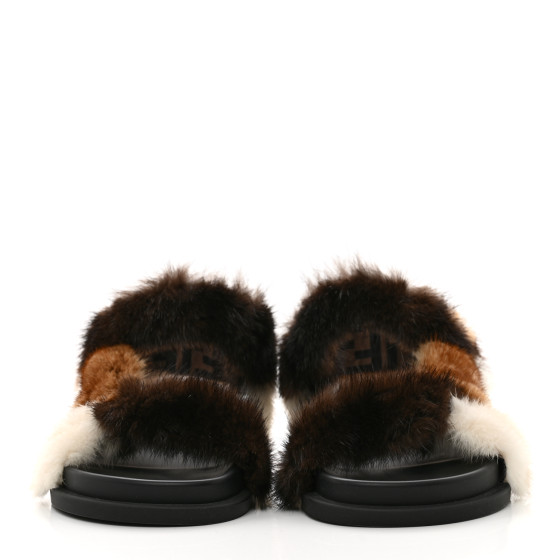 FENDI Mink Fur FF Fendi Feel Sandals 37 Mogano Brown Perla Tobacco Black