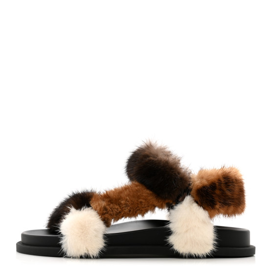 FENDI Mink Fur FF Fendi Feel Sandals 37 Mogano Brown Perla Tobacco Black