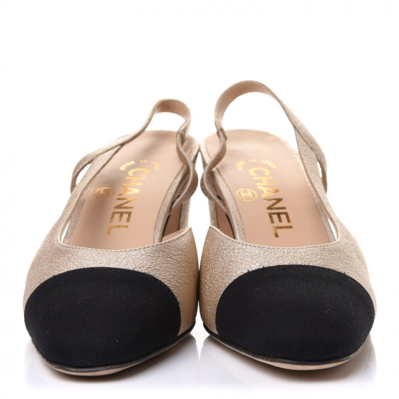 【レビューで送料無料】 CHANEL Metallic Lambskin Grosgrain Cap Toe CC Slingback 靴