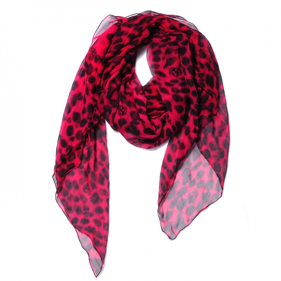 ALEXANDER MCQUEEN Silk Chiffon Leopard Skull Scarf Hot Pink