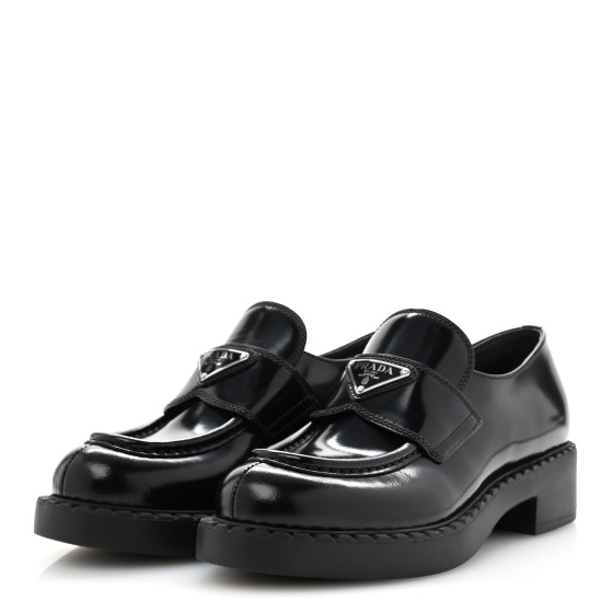 PRADA Spazzolato Metal Triangle Logo 50mm Loafers 36 Black