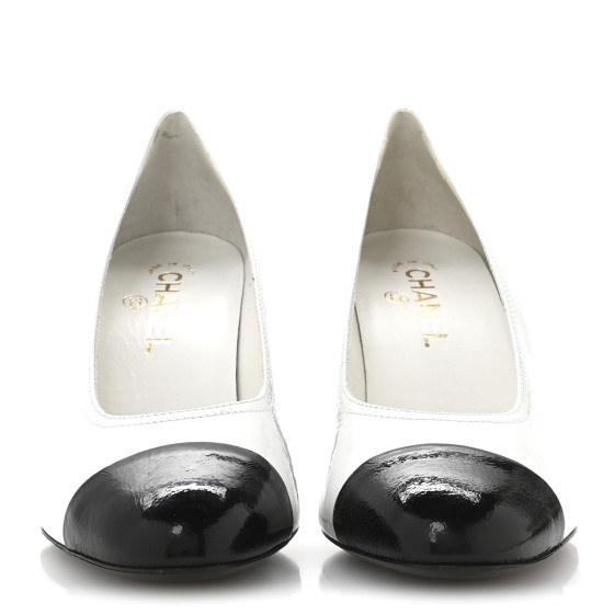 CHANEL Patent Calfskin Crystal Cap Toe Logo Pumps 40 White