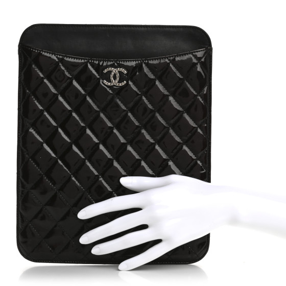 CHANEL Patent Quilted Brilliant iPad Case Black 1708759