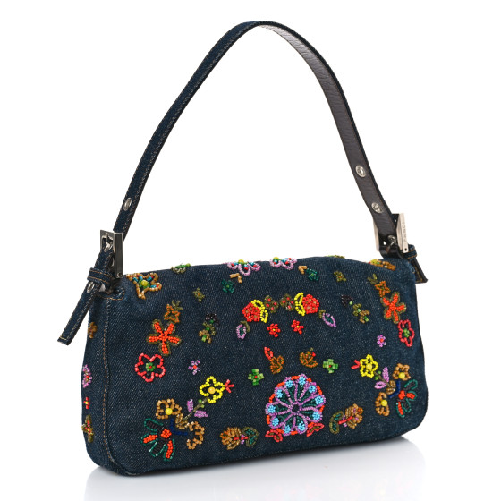 FENDI Denim Ricami Beaded Baguette Blue 1246282 | FASHIONPHILE