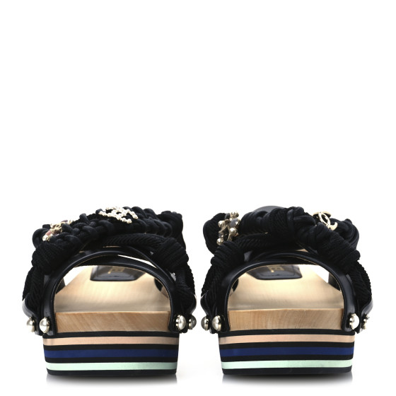 CHANEL Calfskin Cord Pearl CC Sandals 38 Black 1696605