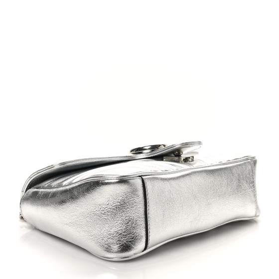 96 値下げ可能！！ LIC SILVER BAG 2928B GUCCI Metallic Calfskin Matelasse Small GG Marmont Shoulder