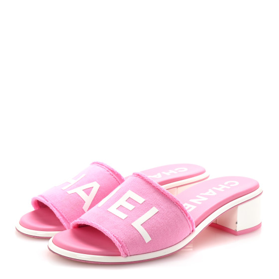 CHANEL Cotton Logo Mule Sandals 40 Pink White 1697141