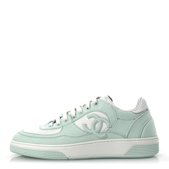 CHANEL Cotton Sneakers 39.5 Light Turquoise White 1689211