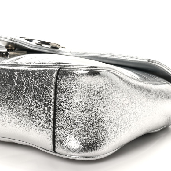 96 値下げ可能！！ LIC SILVER BAG 2928B GUCCI Metallic Calfskin Matelasse Small GG Marmont Shoulder