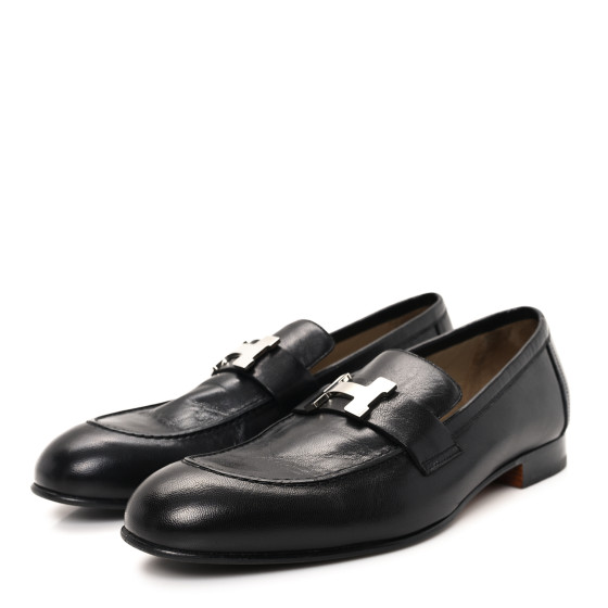 HERMES Goatskin Mens Paris Loafers 41.5 Black 1691000
