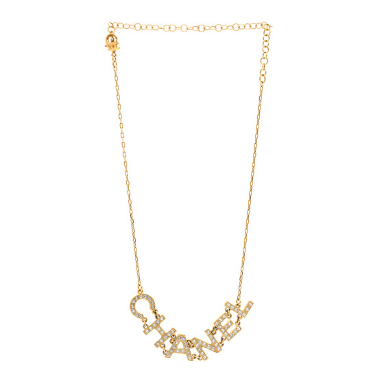 CHANEL Metal Crystal Logo Letters Choker Necklace Gold