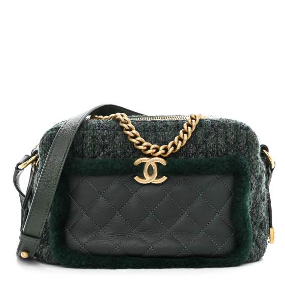 CHANEL Tweed Shearling Grained Calfskin Camera Case Green